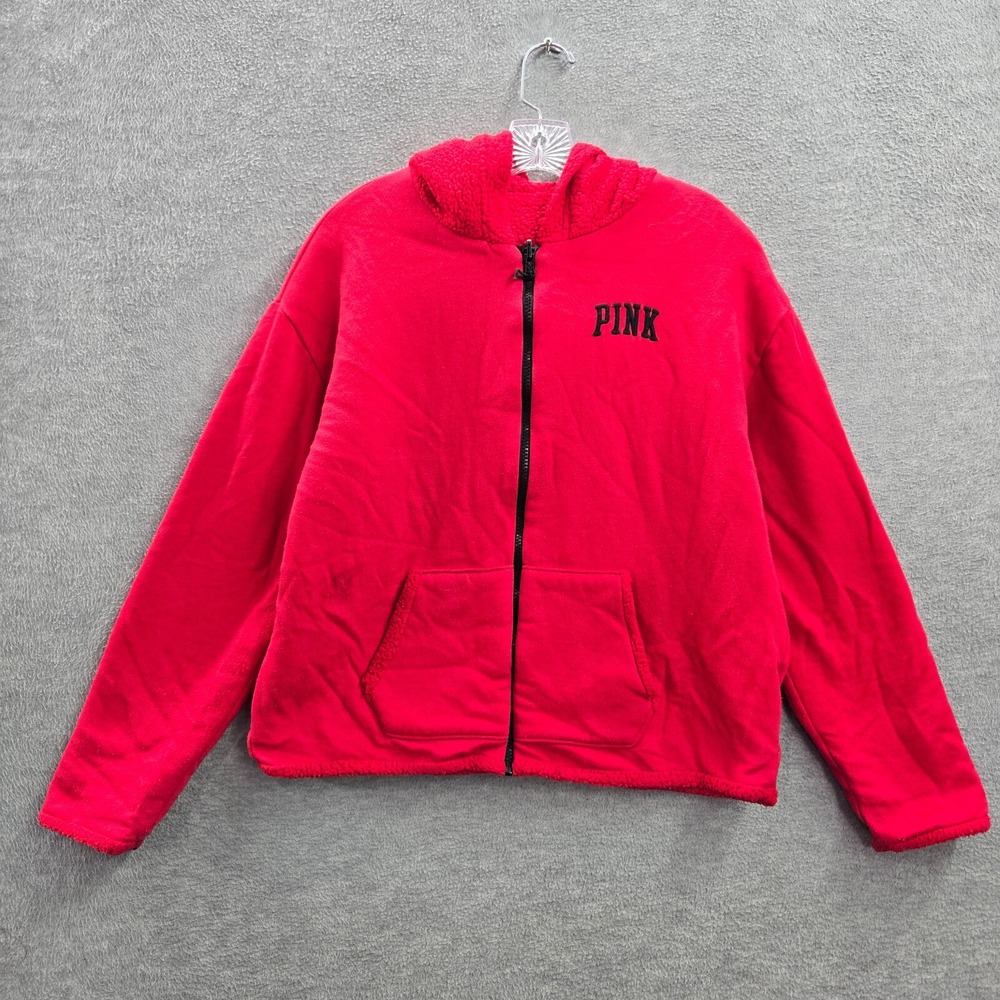 Pink Victorias Secret Women Jacket M Red Reversible Sherpa Hooded Logo READ